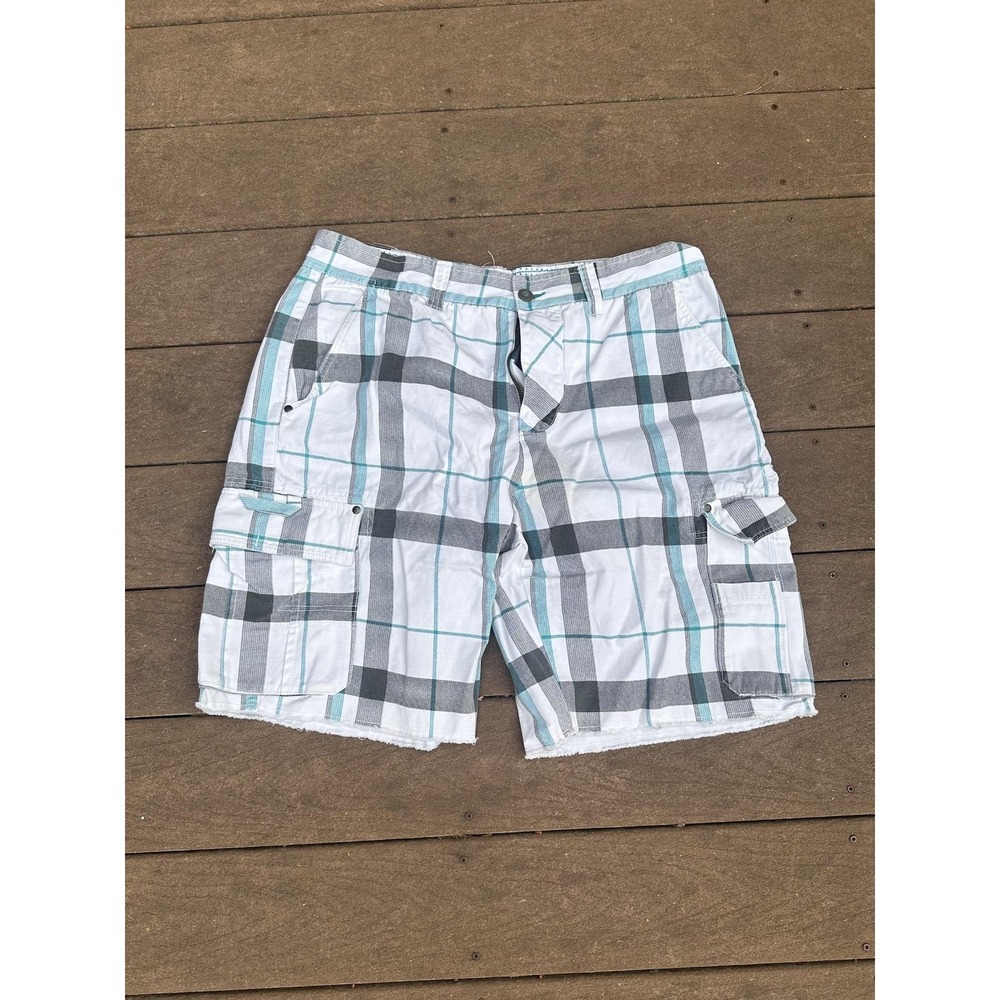 Op Cargo Shorts Mens 38 White Plaid Cotton Cutoff 11" Inseam Pockets Casual